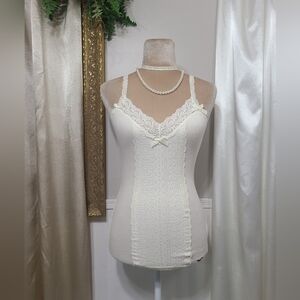 ♡ Y2K ♡ Hollister Cream Lace Front Satin Ribbon Bow Cami Tank Top